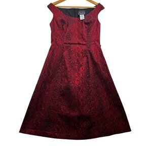 ALEX EVENINGS Red Black Metallic Brocade Fit & Flare Glam Cocktail Dress Sz 10